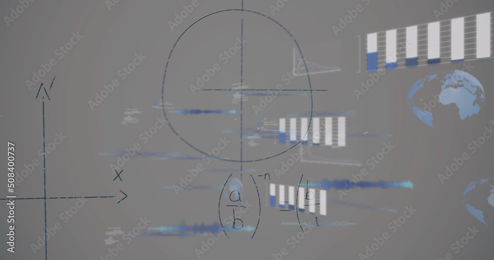 Image of mathematical equations and data processing on white background