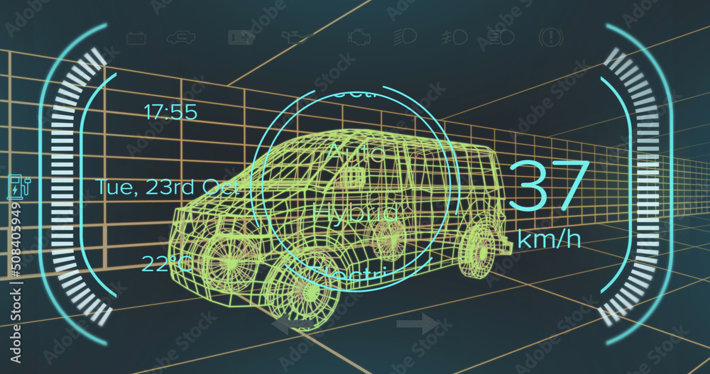 Image of speedometer and power status data on hybrid vehicle interface, over 3d van model