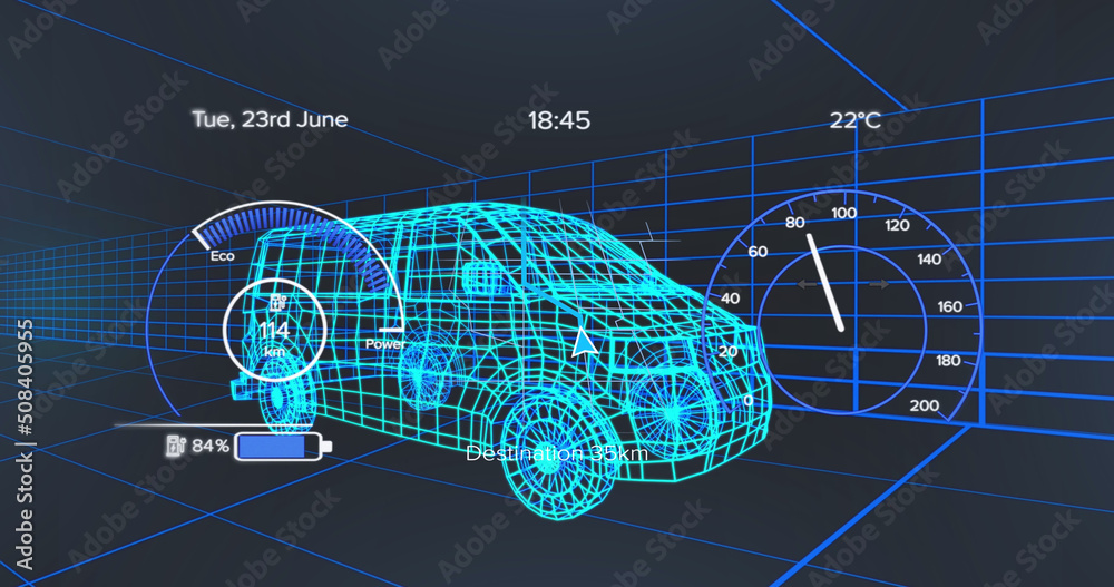 车辆接口上的速度表、gps和充电状态数据的图像，通过三维面包车模型