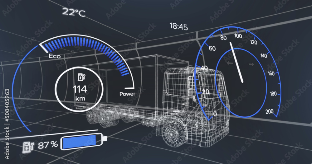 车辆界面上的速度表、gps和充电状态数据图像，通过三维卡车模型