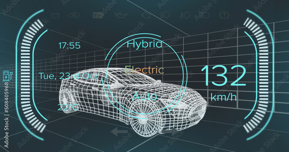 混合动力汽车界面上的速度表和动力状态数据图像，通过三维汽车模型