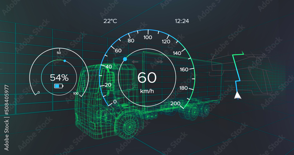车辆界面上的速度表、gps和充电状态数据图像，通过三维卡车模型