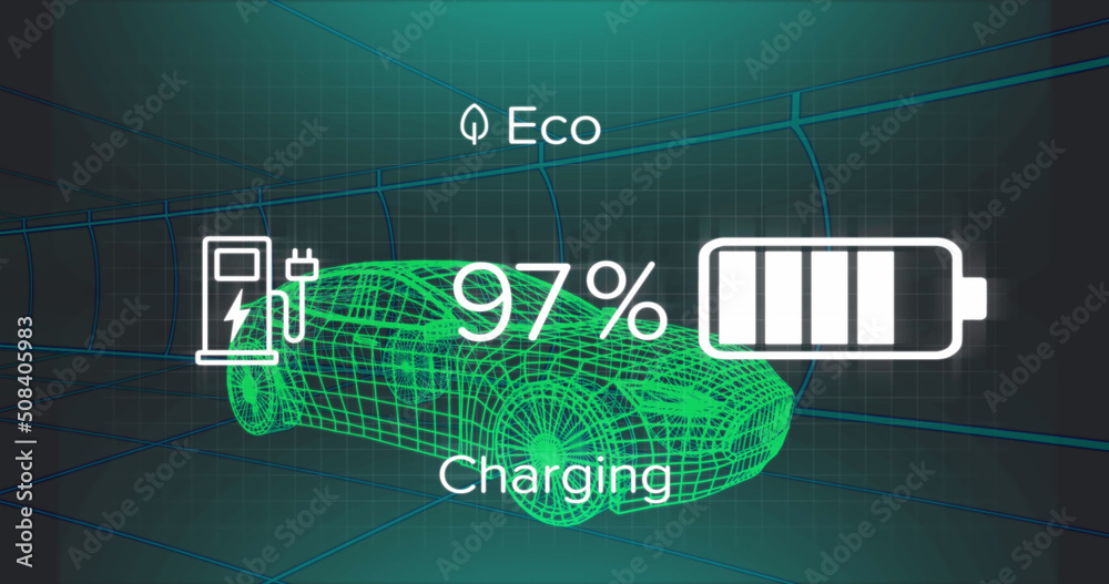 电动汽车界面上的充电状态数据图像，通过三维汽车模型