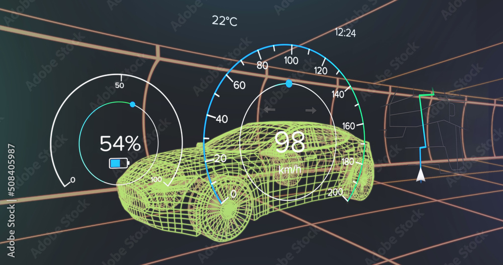 车辆界面上的速度表、gps和充电状态数据图像，通过三维汽车模型