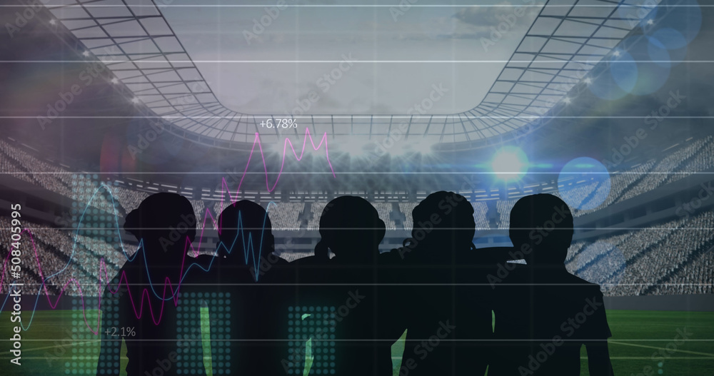 Statistical data processing against silhouette of fans cheering and sports stadium in background