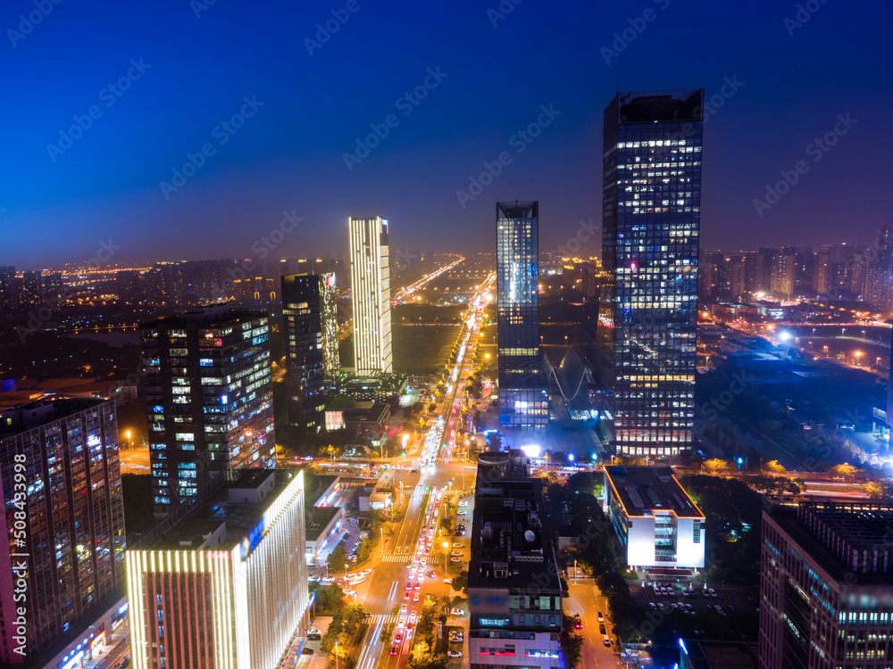 中国苏州市现代建筑航拍夜景