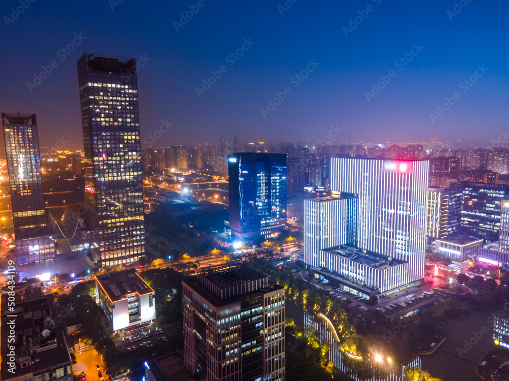 中国苏州市现代建筑航拍夜景