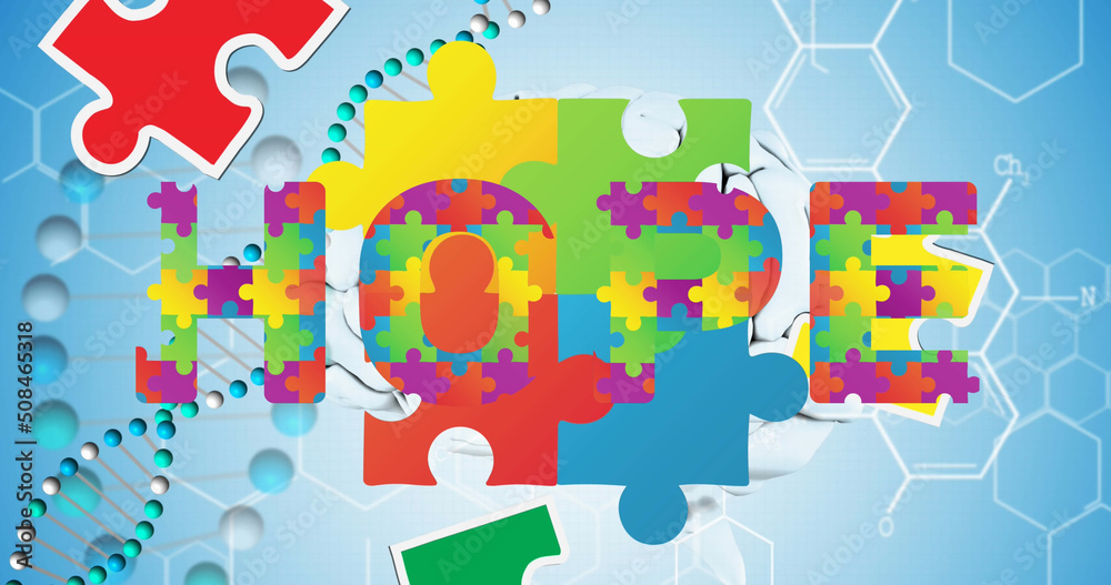 Image of autism colourful puzzle pieces forming hope text, dna strand and human brain