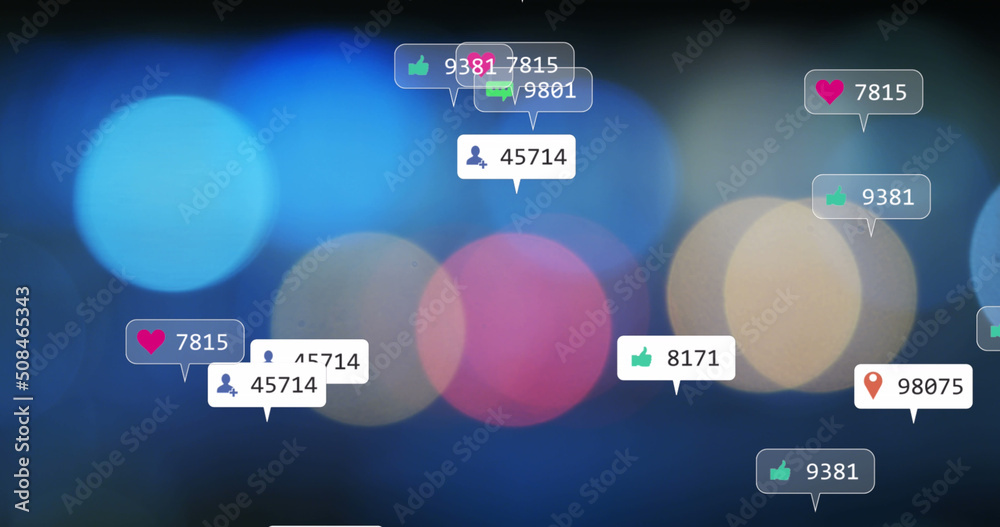 Image of social media icons and numbers over out of focus flickering lights