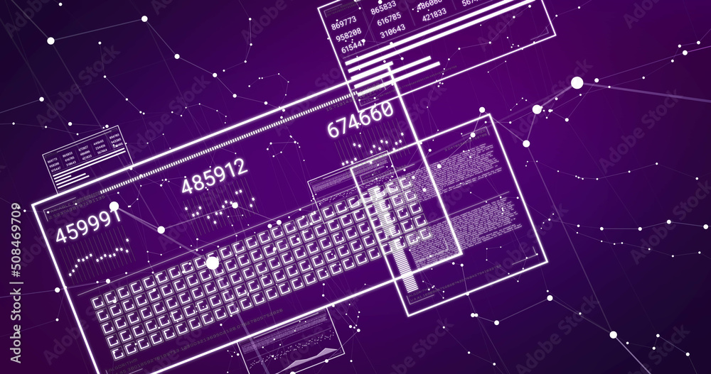 紫色背景下计算机屏幕上的数字变化和数据处理图像
