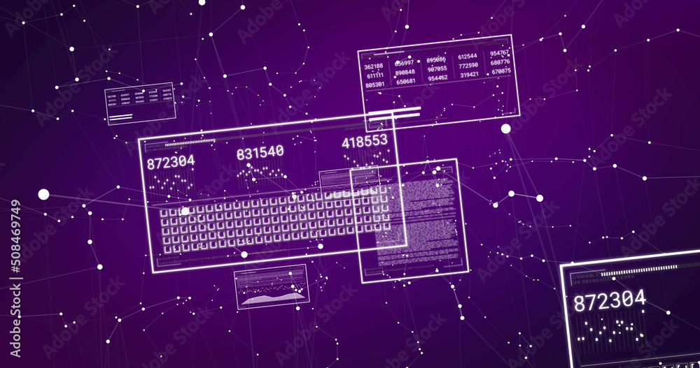 紫色背景下计算机屏幕上的数字变化和数据处理图像