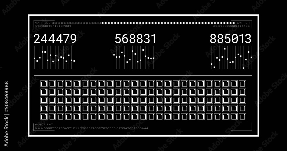 Image of numbers changing and data processing on computer screen over black background