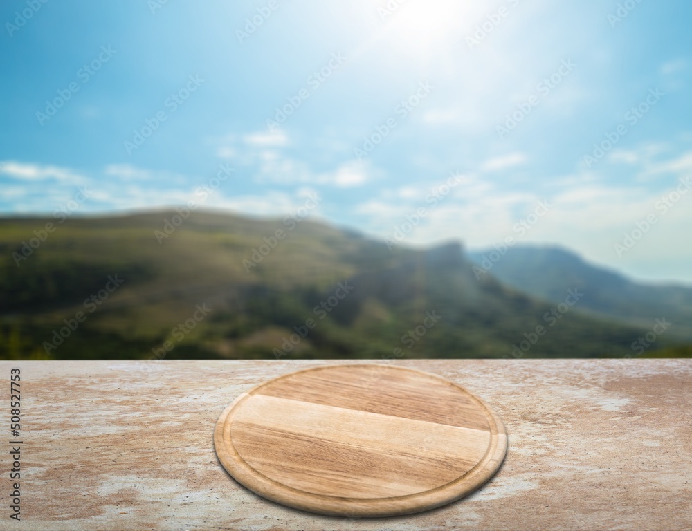 Wooden desk for product on nature landscape