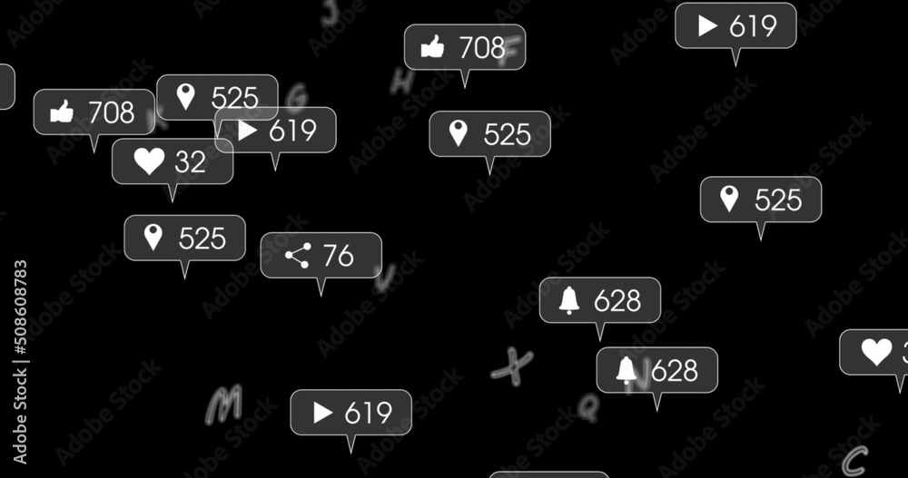 Image of social media icons and numbers falling over black background