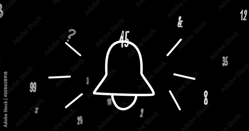 Image of bell icon over numbers on black background