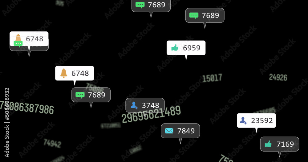 社交媒体图标、数字和文本在黑色背景上移动的图像
