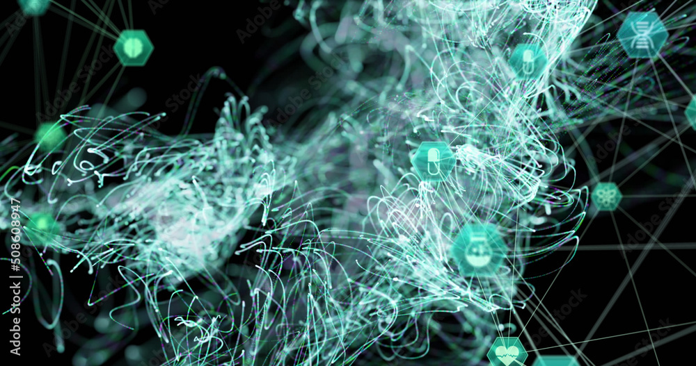 Image of network of medical icons spinning over black background