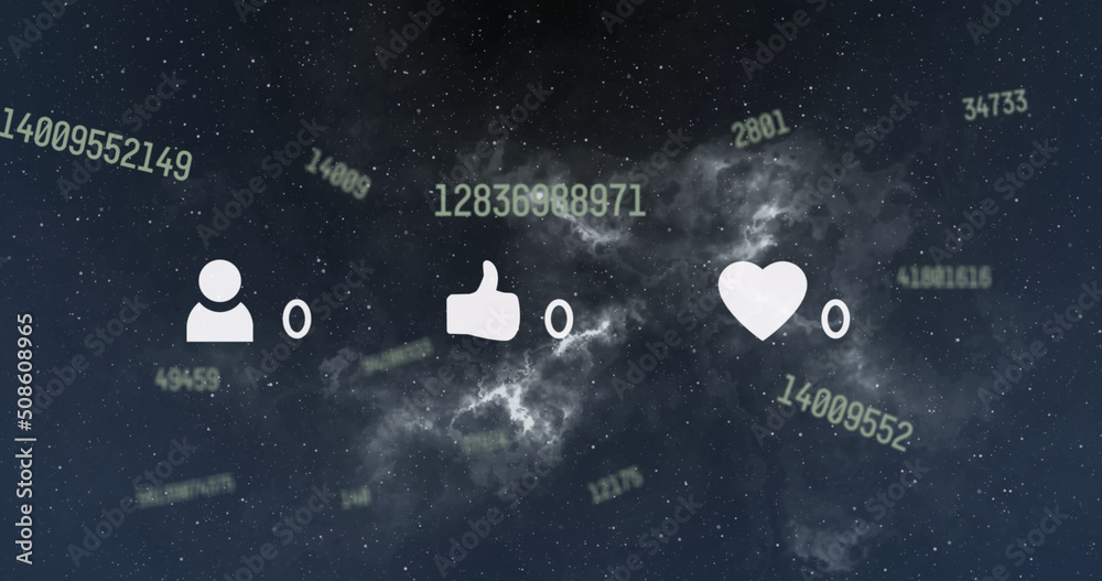 Image of social media icons and numbers moving on clouds in background