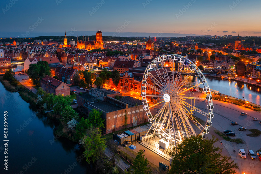 Aerial view of the beautiful Gdansk city at dusk, Poland