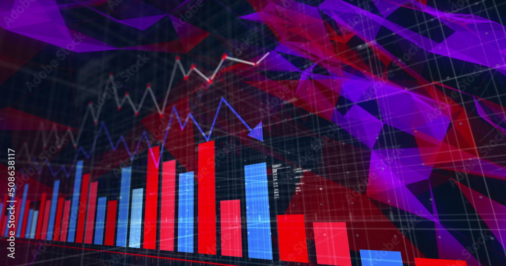 Image of finanvial data processing and shapes over black background