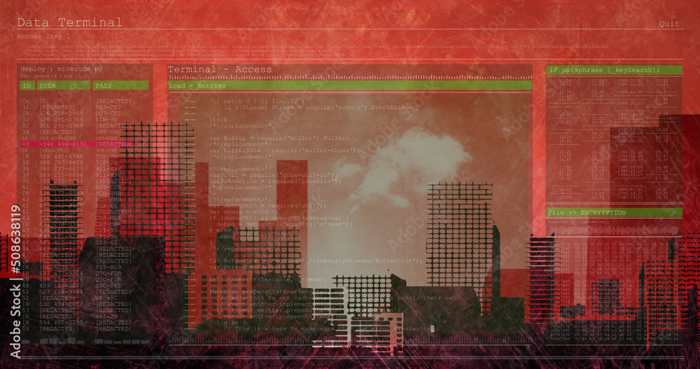 Image of data processing over cityscape on red background