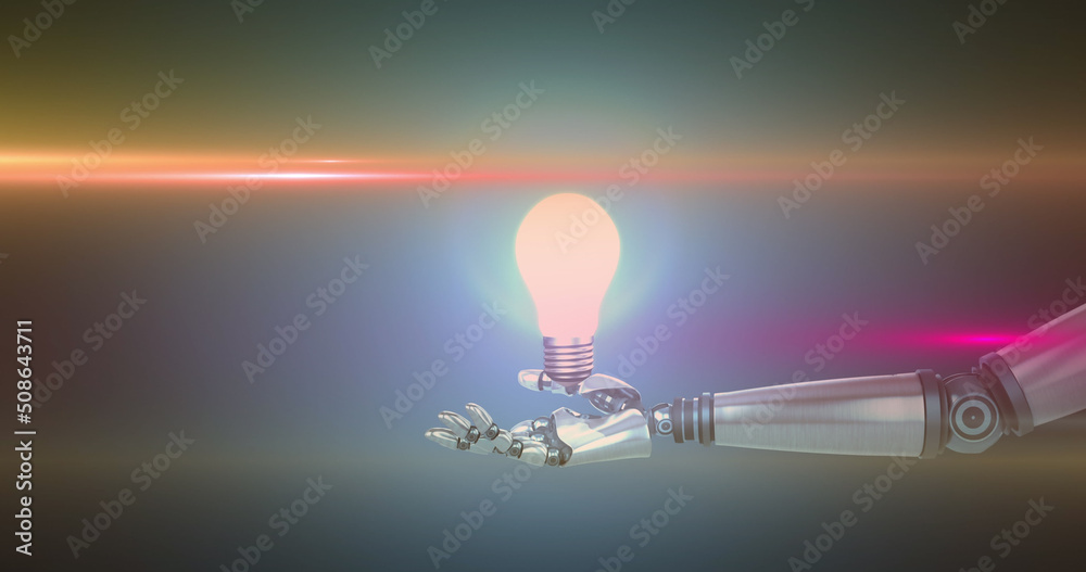 Image of illuminated light bulb over hand of robot arm, with orange and pink light beams on grey