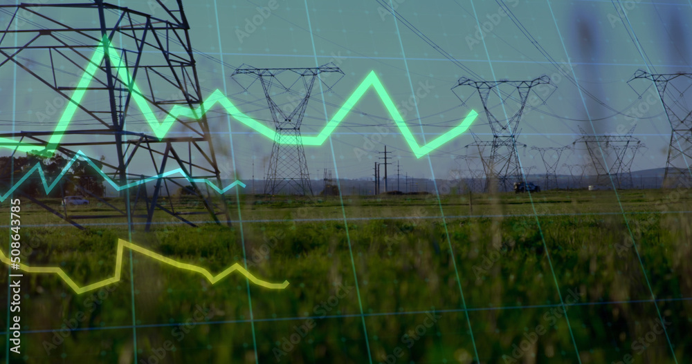 Image of financial data processing over electricity pylons and landscape