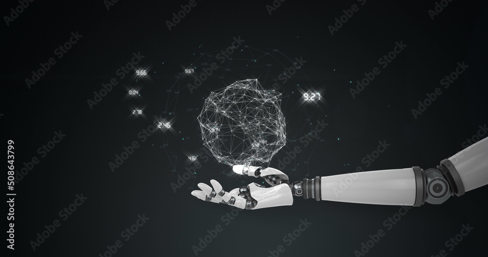 Image of network of processing data over hand of robot arm, with moving light on dark background