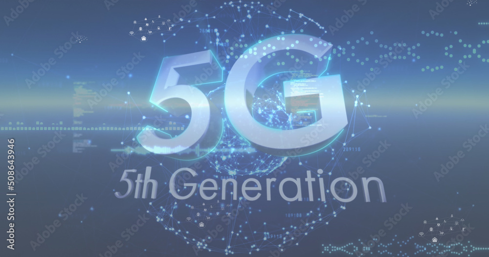 图标、数据处理和5g在全球和蓝色背景上的图像