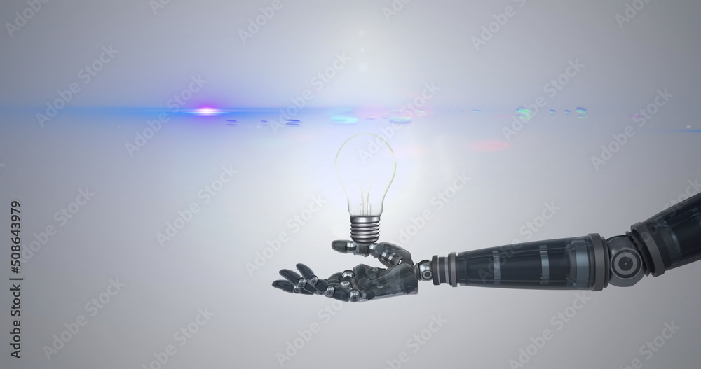 Image of illuminated light bulb over hand of robot arm, with blue light on grey background