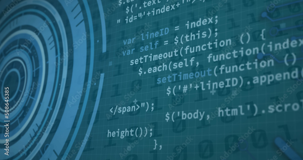 Image of data processing over digital screens with binar code