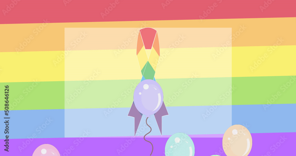 Image of balloons over rainbow ribbon on rainbow background