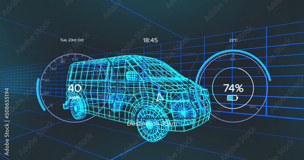 车辆界面上的速度表、gps和充电状态数据图像，通过三维面包车模型