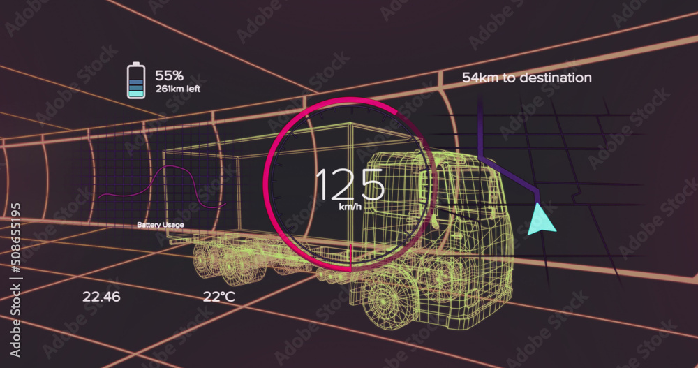 车辆界面上的速度表、gps和充电状态数据图像，通过三维卡车模型