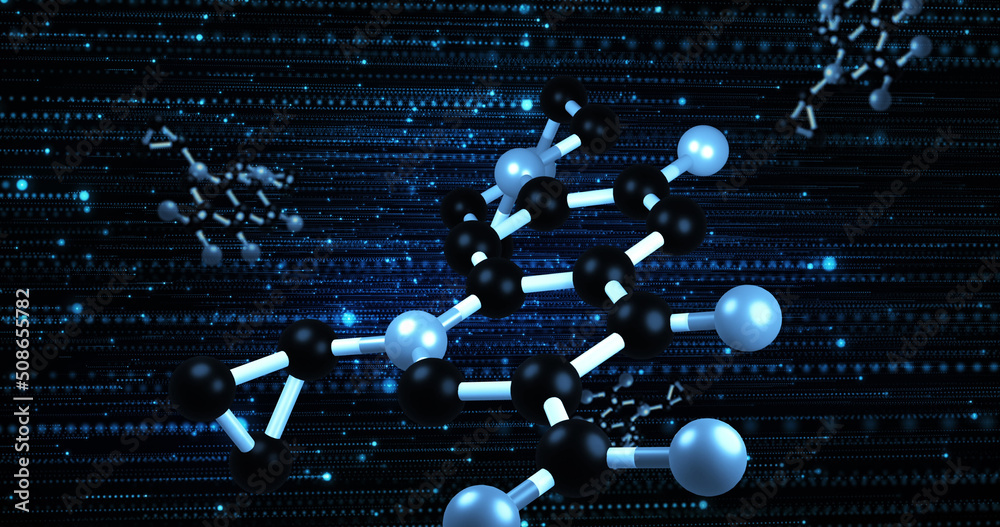 分子在蓝色和黑色背景上旋转的图像