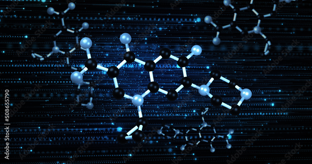 Image of molecules rotating on blue and black background