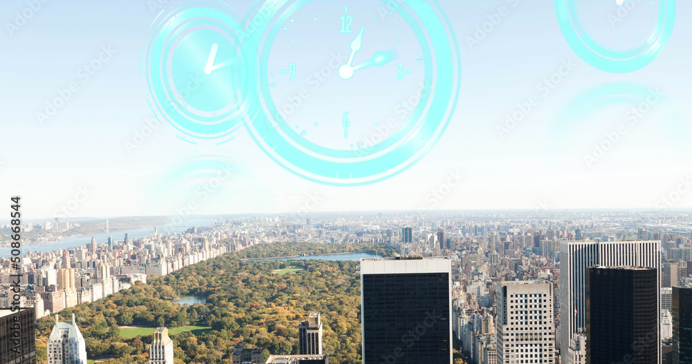 Image of moving clocks over cityscape