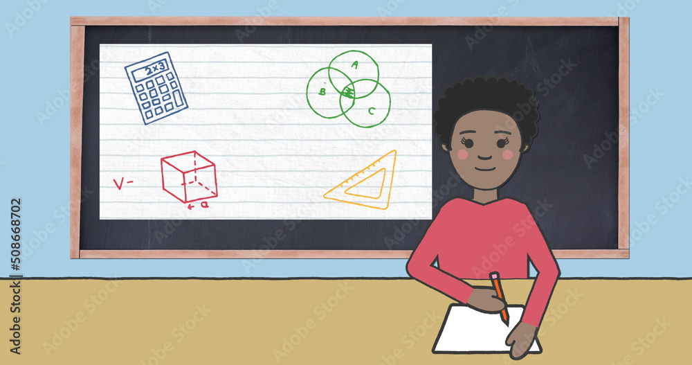 Image of schoolgirl taking notes over blackboard with school items icons on blue background