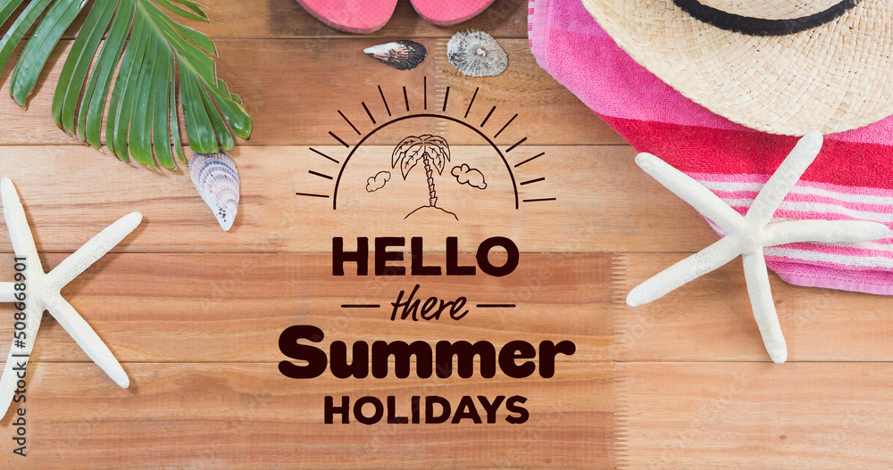 Image of hello there summer holidays text over wooden table with shells