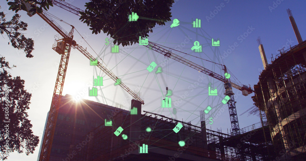 具有建筑工地背景的3D图标网络