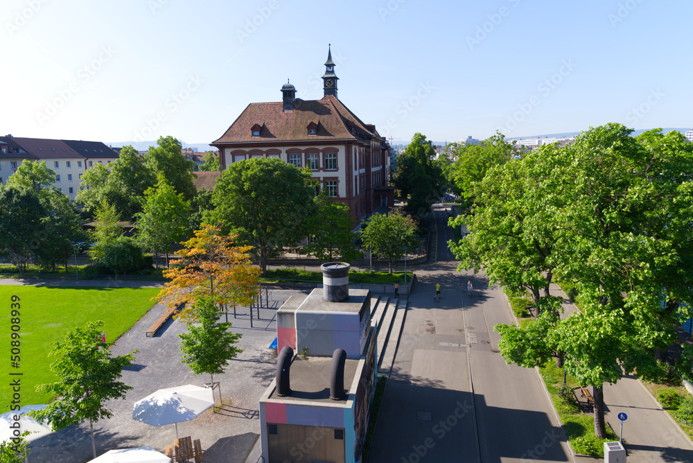 Aerial view of park at City of Basel on a sunny spring day. Photo taken May 11th, 2022, Basel, Switz