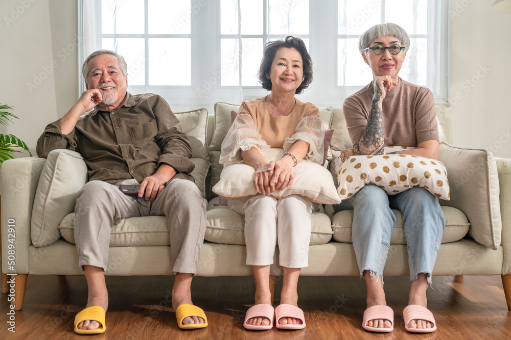 group of asian old senior male and female spending weekend time together sit on sofa couch watching 