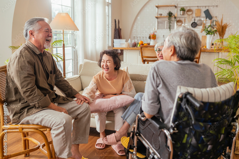 old senior asian friends retired people hapiness positive laugh smile conversation together at livin