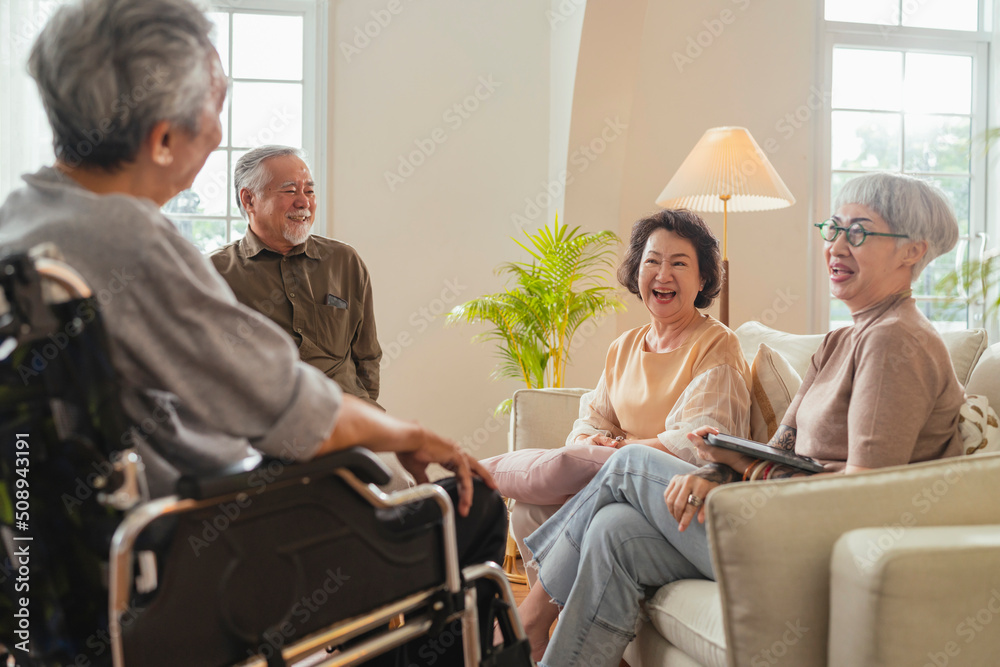 old senior asian friends retired people hapiness positive laugh smile conversation together at livin