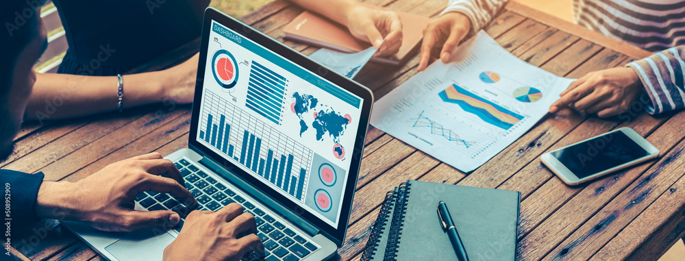 Business data dashboard analysis by ingenious computer software . Investment application display bus