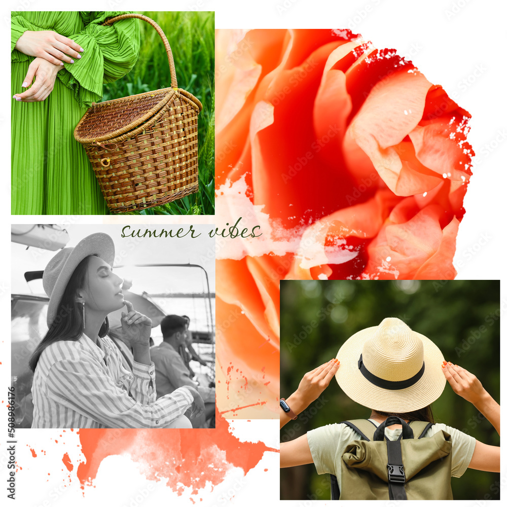 Summer collage with young women with wicker basket, backpack and rose flower on white background