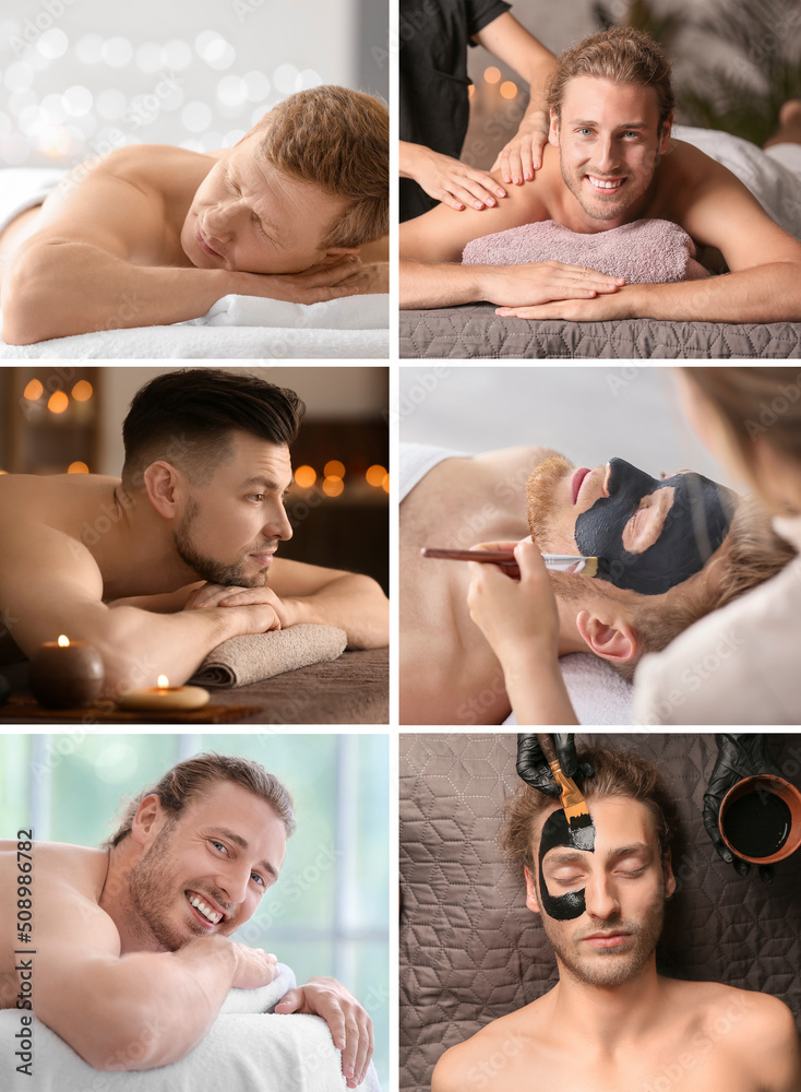 Collage with handsome men relaxing in spa salon