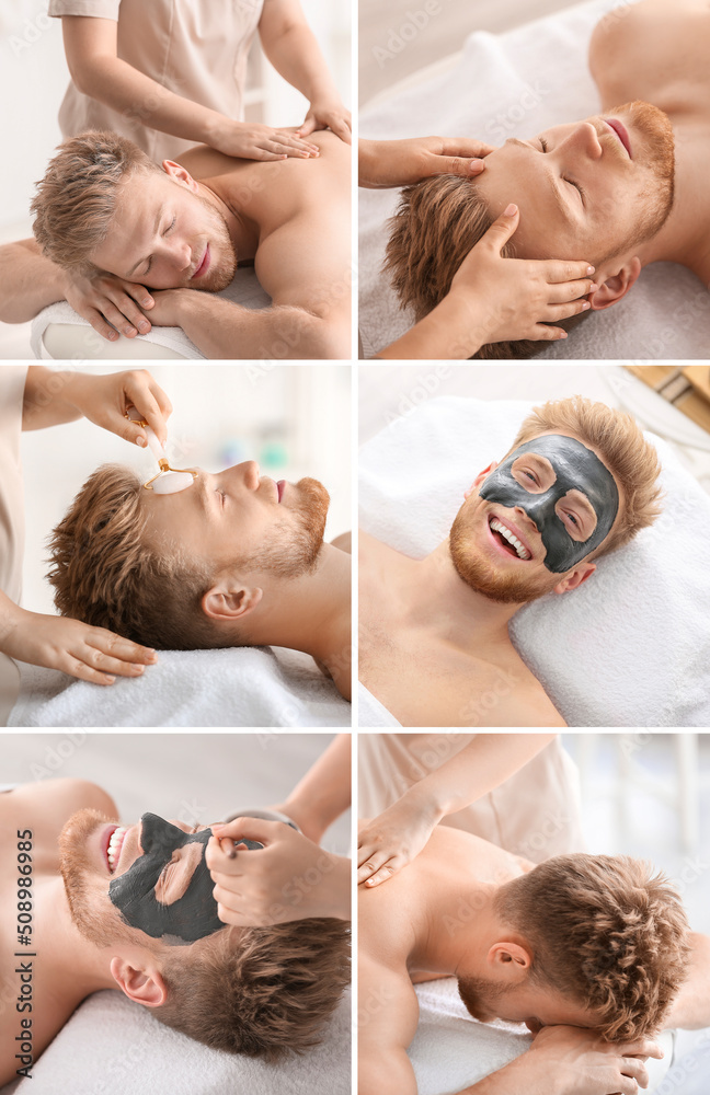 Collage with handsome young man relaxing in spa salon