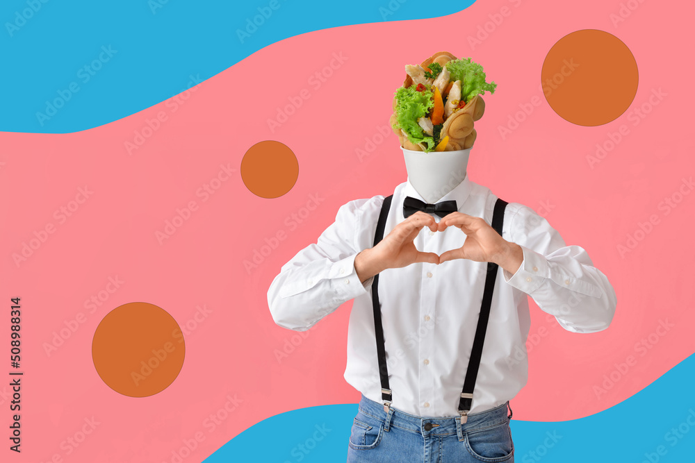 Man with tasty bubble waffle instead of his head making heart with hands on colorful background