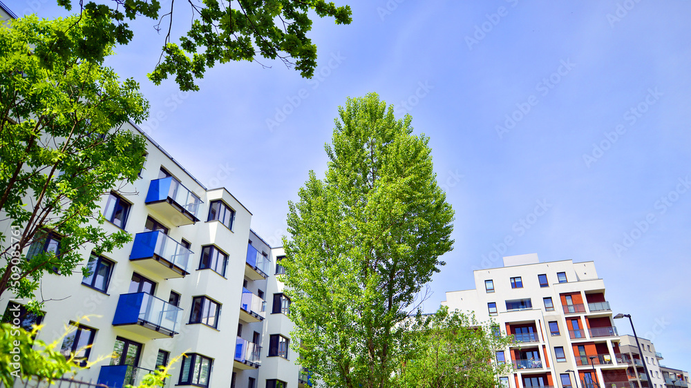 生态住宅建筑。树木附近的现代住宅建筑。生态和